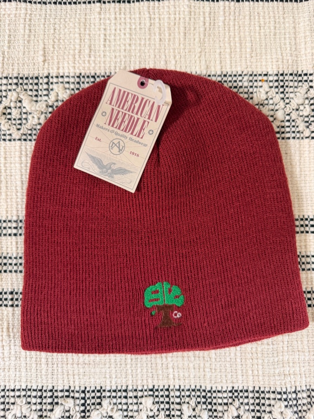 American Needle Kids Maroon Knit Beanie with Green Tree Embroidery